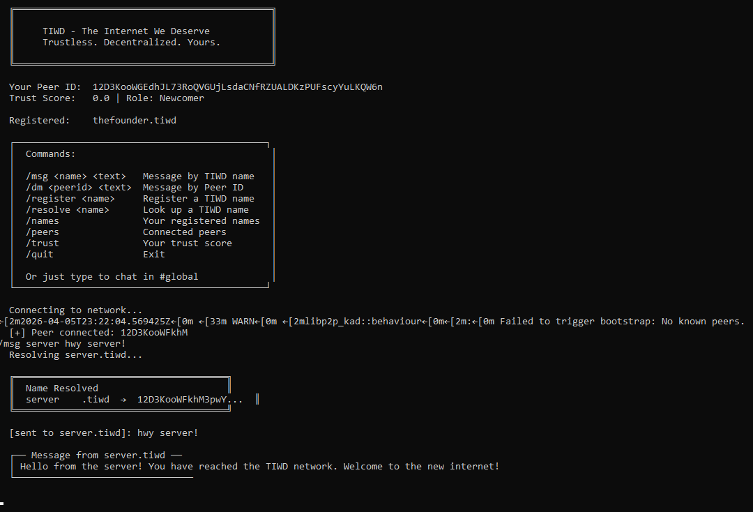 The first message sent on the TIWD network